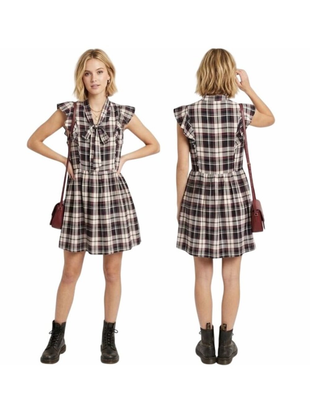 ⭐AQUA Womens Plaid Mini Dress Sz M Ruffle Sleeve Tie Neck Bow Dark Academia